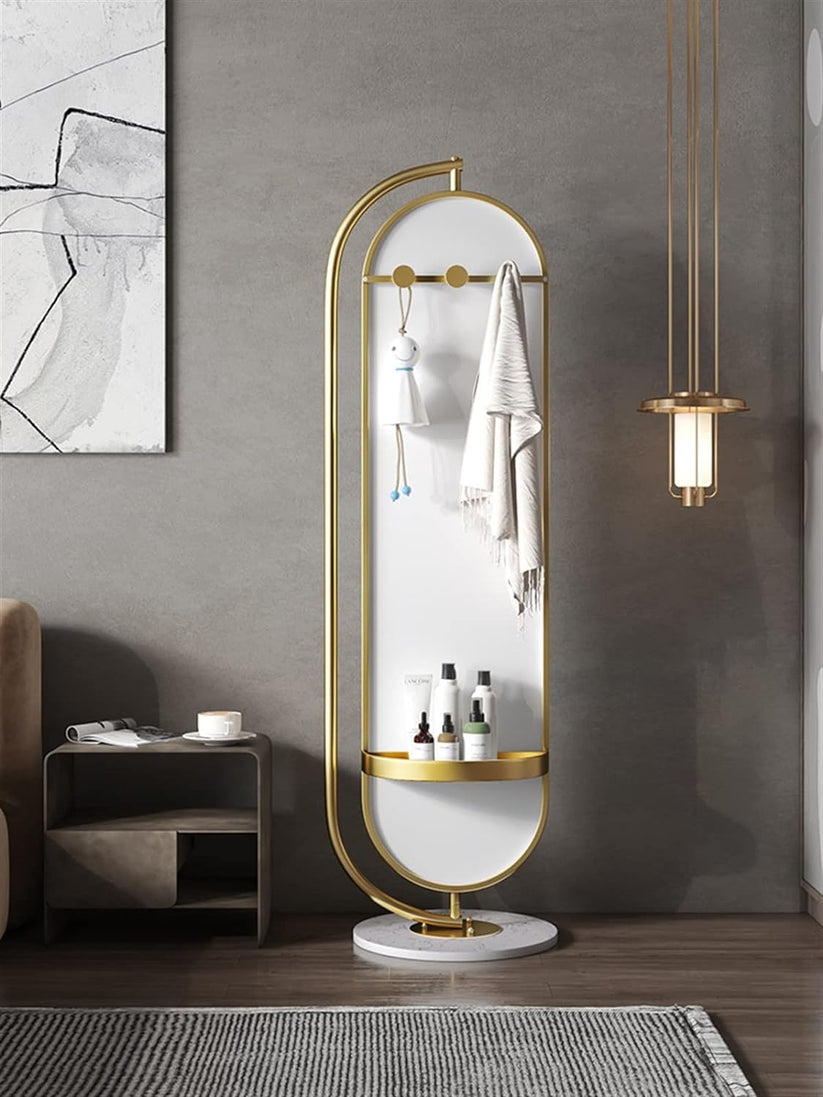 Full Length Oval Rotatable Mirror with Coat Hanger. Metal Gold Framed Free Standing - COOLBABY