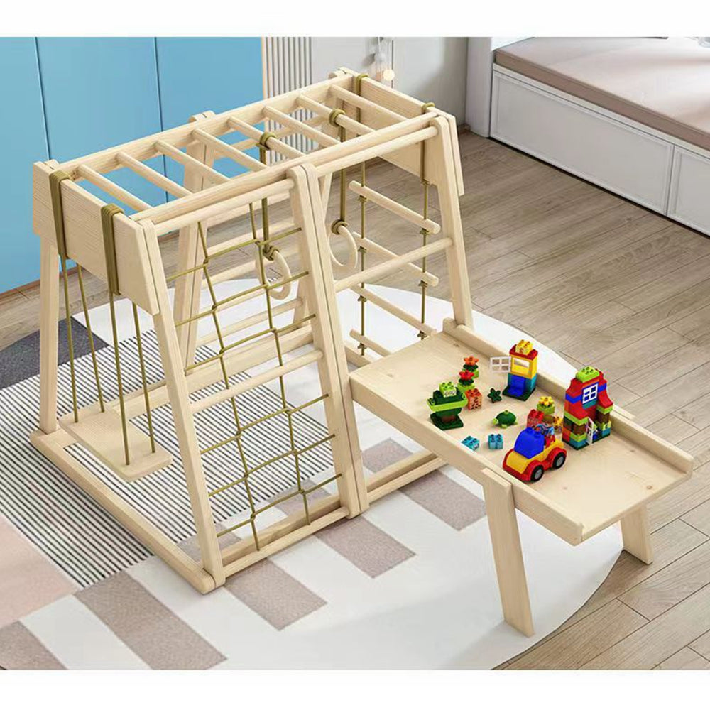 COOLBABY SSZ-PPJ05 Wooden Indoor Playground Eight-In-One Solid Wood Children's Climbing Frame With Swing/Slide/Rock Climbing/Net/Ladder/Building Block Table/Soft Rope Ladder/Hanging Ring - COOLBABY