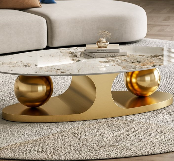 Living room Coffee Table Round Oval Slate Marble-Patterned Center Tables, Stainless Steel Gold Bases (GOLD) - COOLBABY