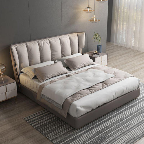 Modern Upholstered Platform Bed with Padded Wingback Headboard - Italian Style, Faux Leather - COOLBABY