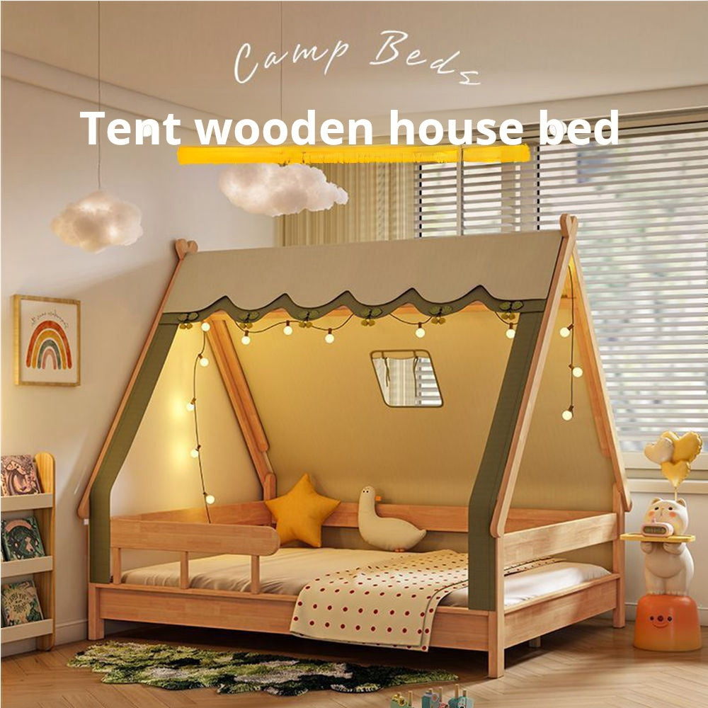 COOLBABY ZLJ1119 Nordic solid wood children's bed tent bed with guardrail - COOLBABY