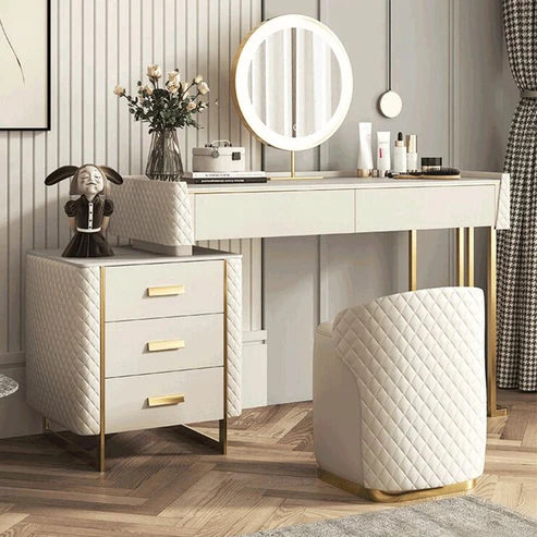 Modern White Vanity Table with LED Mirror and Marble Top - COOLBABY