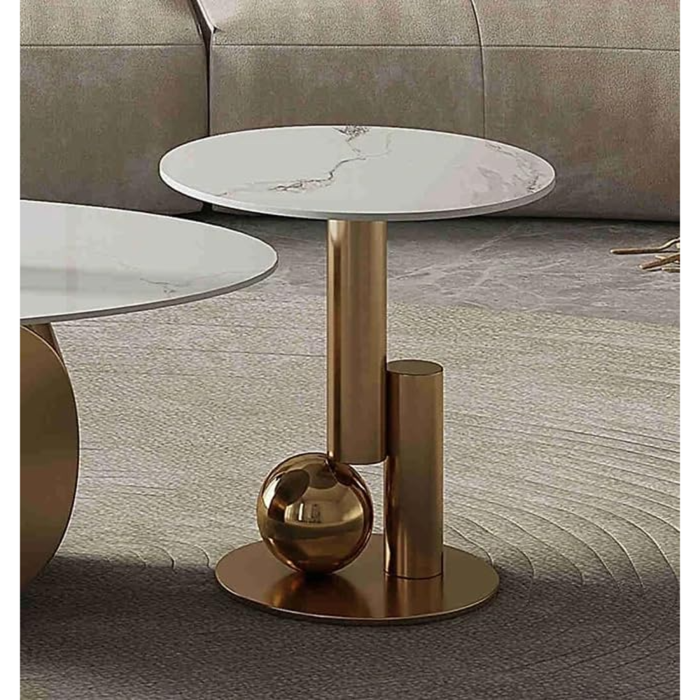 Set of Two Luxury European's Style Round Oval Coffee Table in Marble Top - 40H cm * 130L cm * 70D cm - Gold