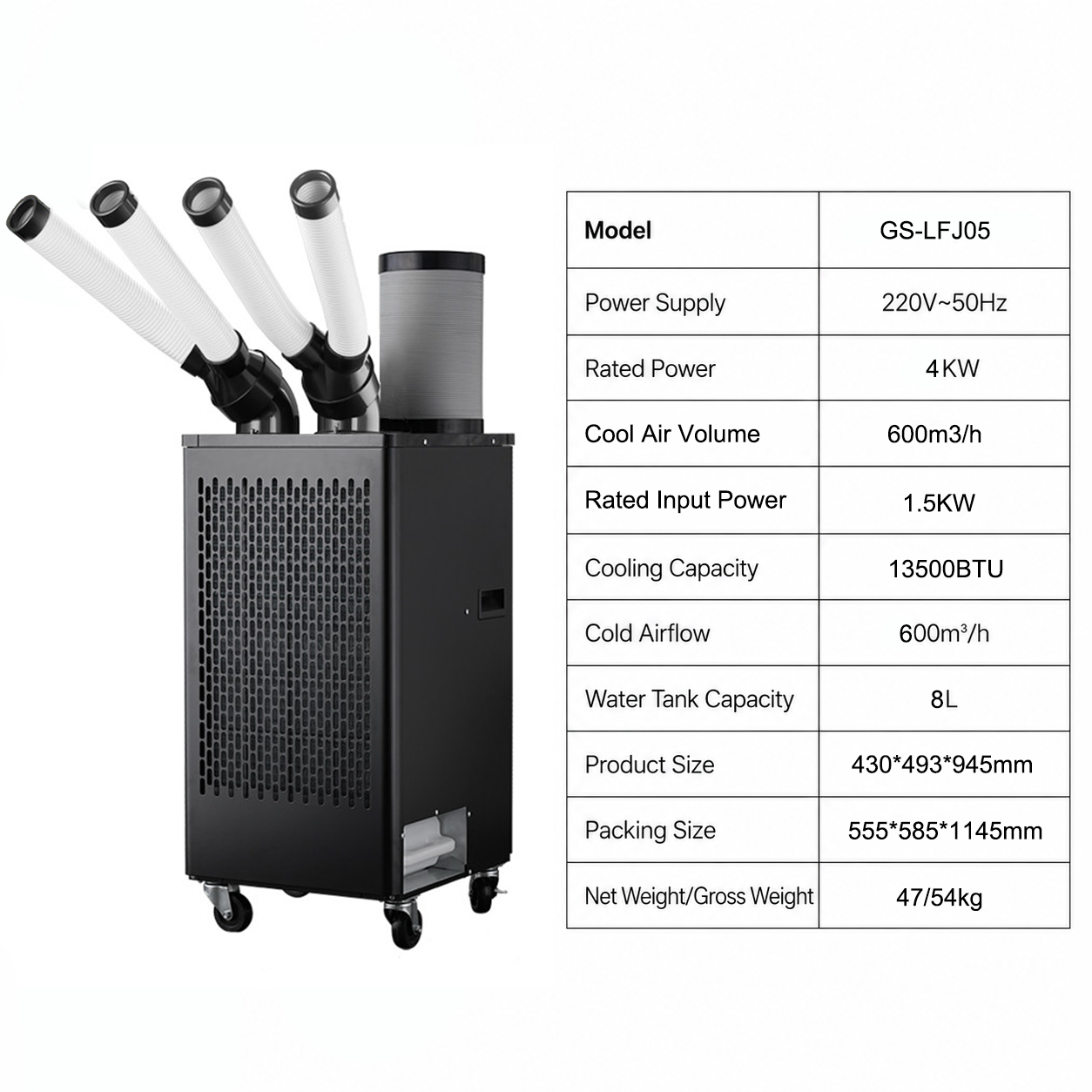 Portable Air Conditioner 13500 BTU Industrial Spot Cooler Air Conditioner 600m³/h Mobile Outdoor Indoor Cooling Aircon with Four Column