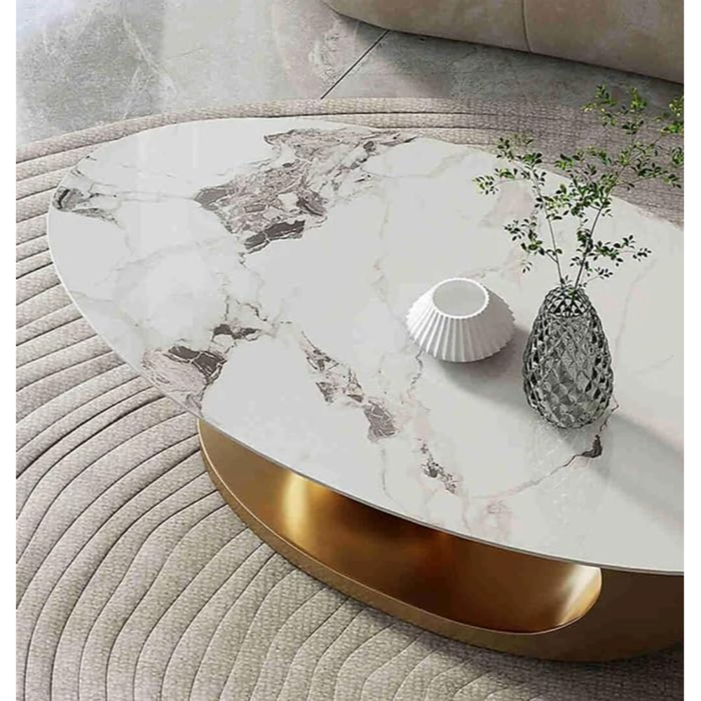 Set of Two Luxury European's Style Round Oval Coffee Table in Marble Top - 40H cm * 130L cm * 70D cm - Gold