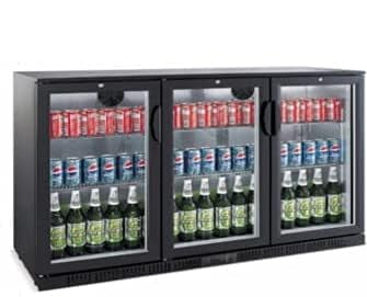 Three-section commercial refrigerator with drinks on a white background