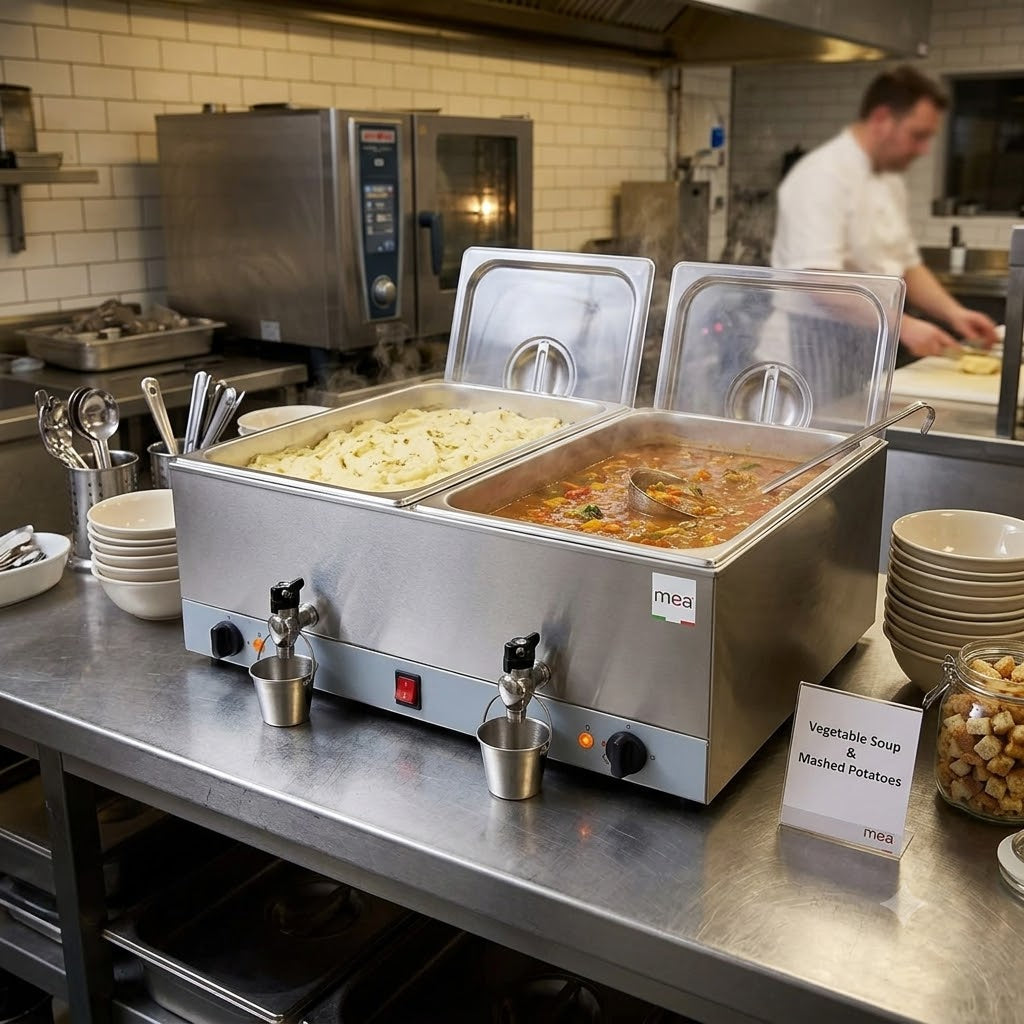Bain Marie Food Warmer – 2 Bowl Stainless Steel Heater with Drain Tap 2.4KW Made in Italy