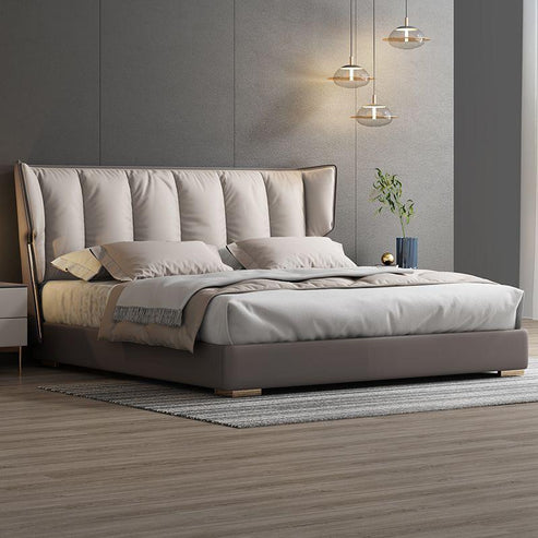 Modern Upholstered Platform Bed with Padded Wingback Headboard - Italian Style, Faux Leather - COOLBABY