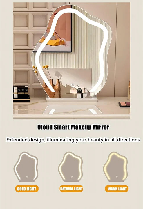 Smart Vanity Table with LED Mirror, Bluetooth Speaker, Wireless Charging - White, Solid Wood - COOLBABY