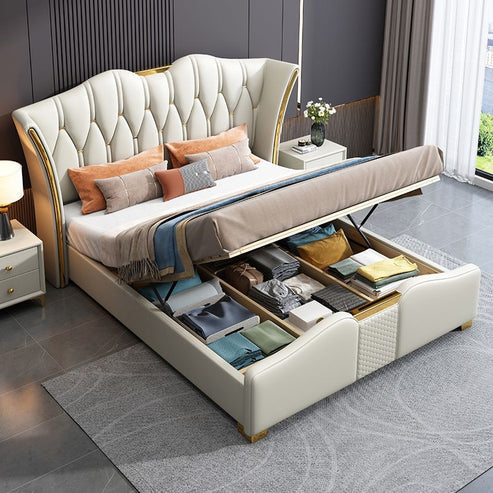 Luxurious Modern Upholstered Leather Bed with Storage - Italian Design, Moroccan Charm - COOLBABY