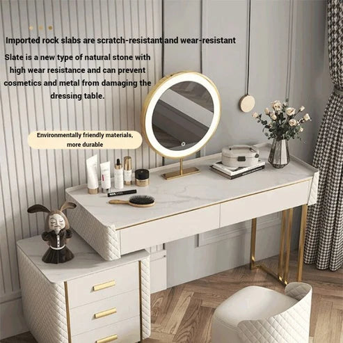 Modern White Vanity Table with LED Mirror and Marble Top - COOLBABY