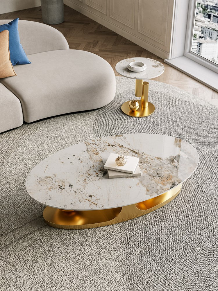 Living room Coffee Table Round Oval Slate Marble-Patterned Center Tables, Stainless Steel Gold Bases (GOLD) - COOLBABY