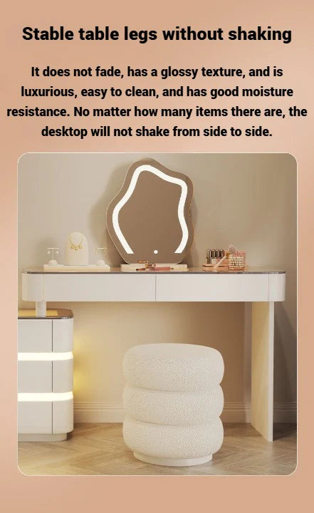 Modern White Dressing Table with LED Mirror - Sleek Makeup Vanity Desk with Slate Marble Finish and Soft-Close Drawers - COOLBABY