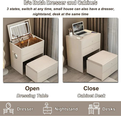 Smart Compact Dressing Vanity Table with LED Mirror, Foldable Bench, and Storage Drawers - COOLBABY