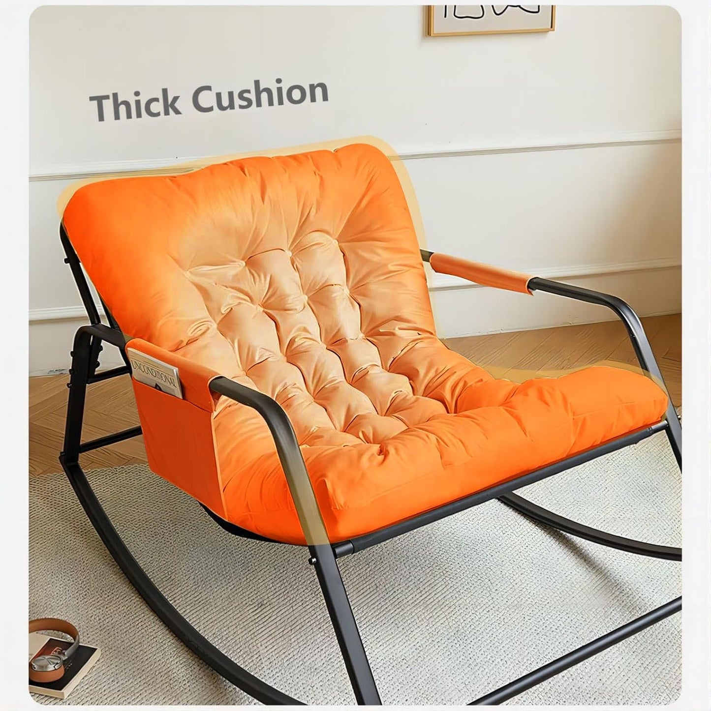 COOLBABY Upholstered High-Back Reclining Rocking Chair with Side Pockets – Modern Style Indoor/Outdoor Chair for Balcony, Living Room, Bedroom & Garden (Orange) - COOLBABY
