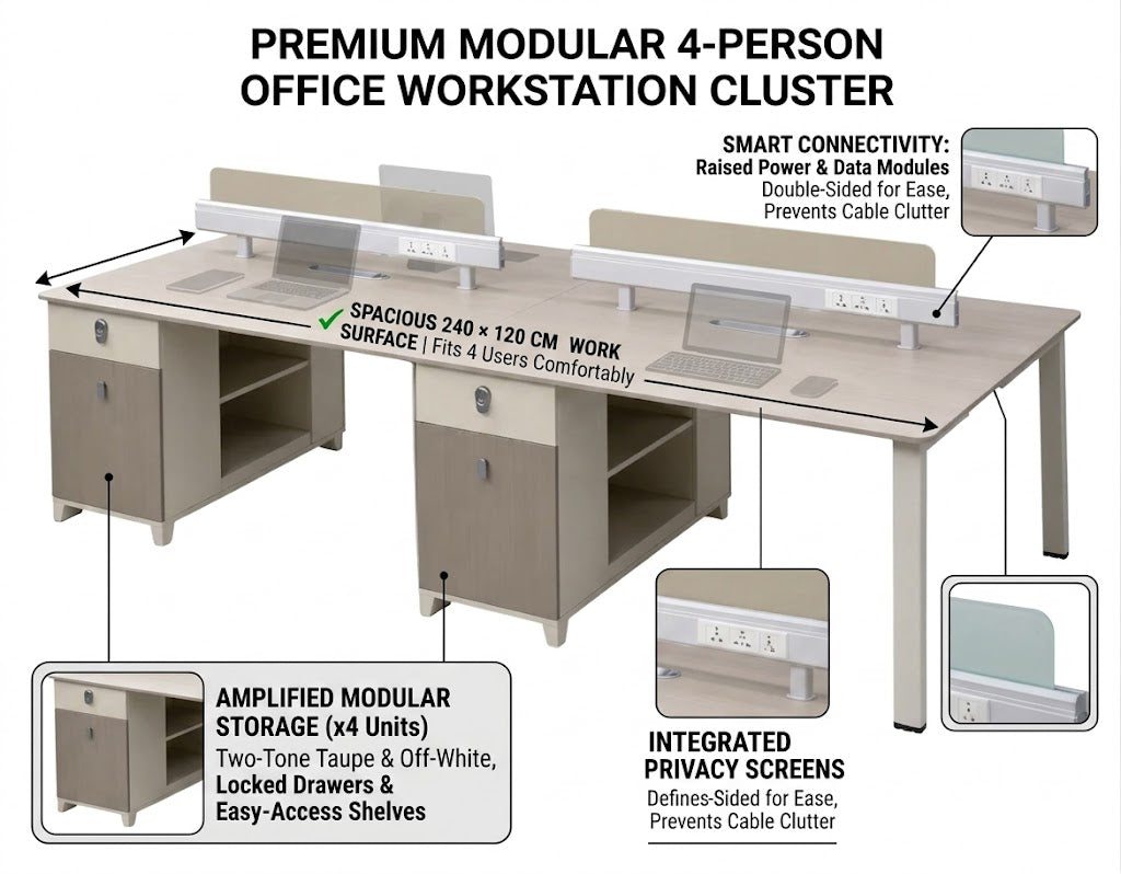 Office Workstation Desk for 4 Persons 240×120 cm – Modern Team Workstation with Storage & Power Modules