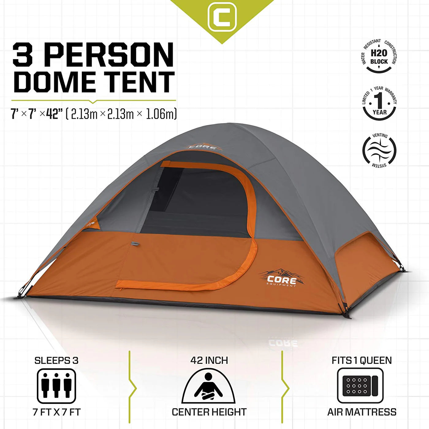 COOLBABY Core 3 Person Dome Tent - 7'x7' Lightweight, Water-Resistant Camping Tent - COOLBABY