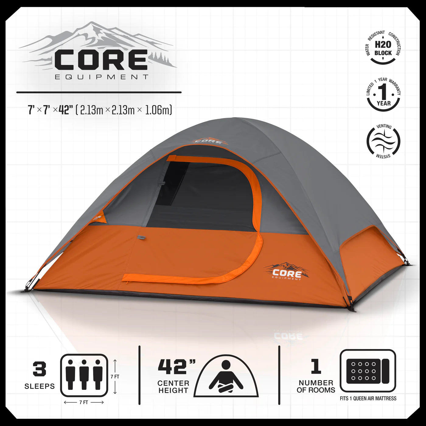 COOLBABY Core 3 Person Dome Tent - 7'x7' Lightweight, Water-Resistant Camping Tent - COOLBABY