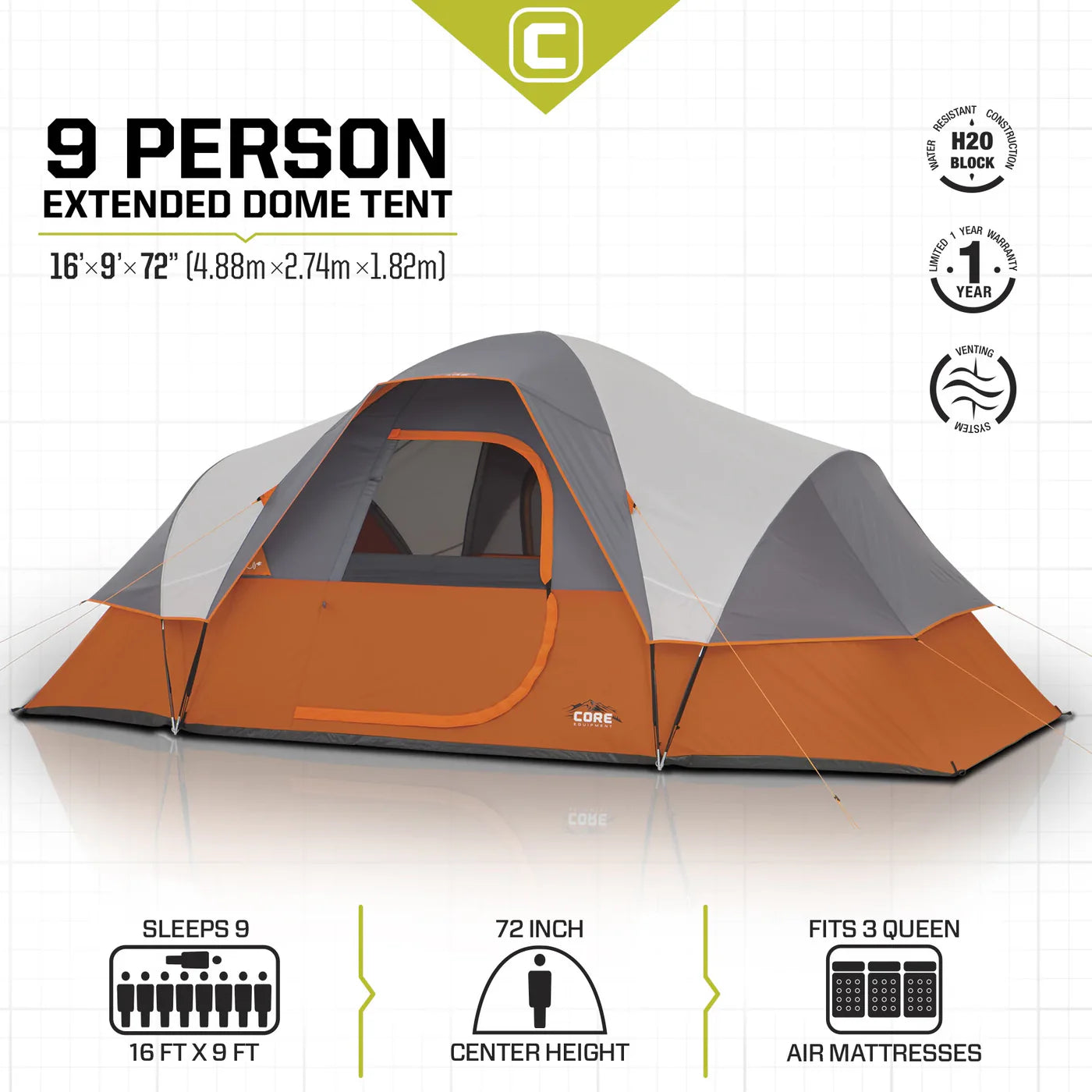 COOLBABY 9-Person Extended Dome Tent with H20 Block Technology and Spacious Design - 16' x 9' - COOLBABY