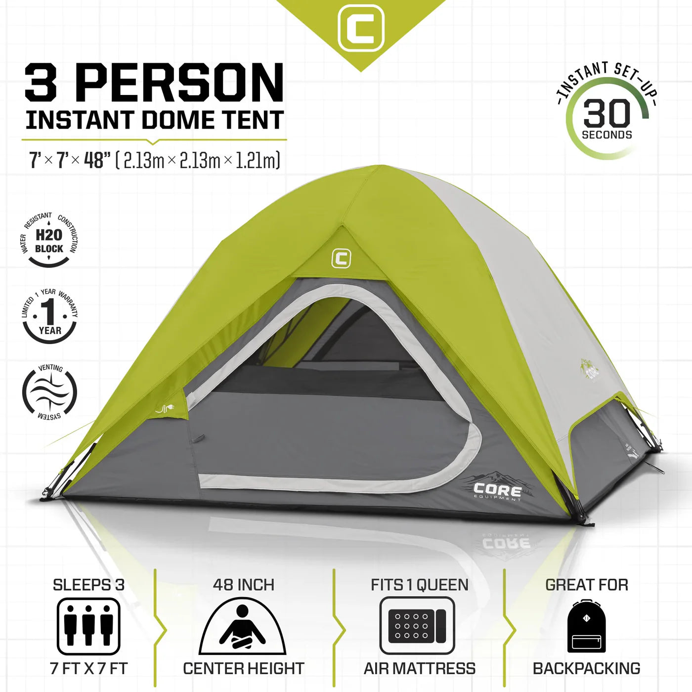 COOLBABY Core 3-Person Instant Dome Tent: Fast 30-Second Setup with Weather Protection - COOLBABY