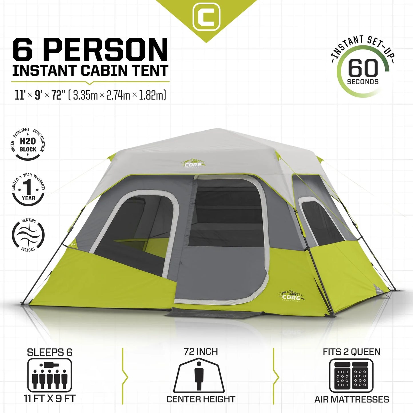 COOLBABY 6-Person Instant Cabin Tent 11' x 9' – Easy Setup, Weather-Resistant, and Ventilated - COOLBABY