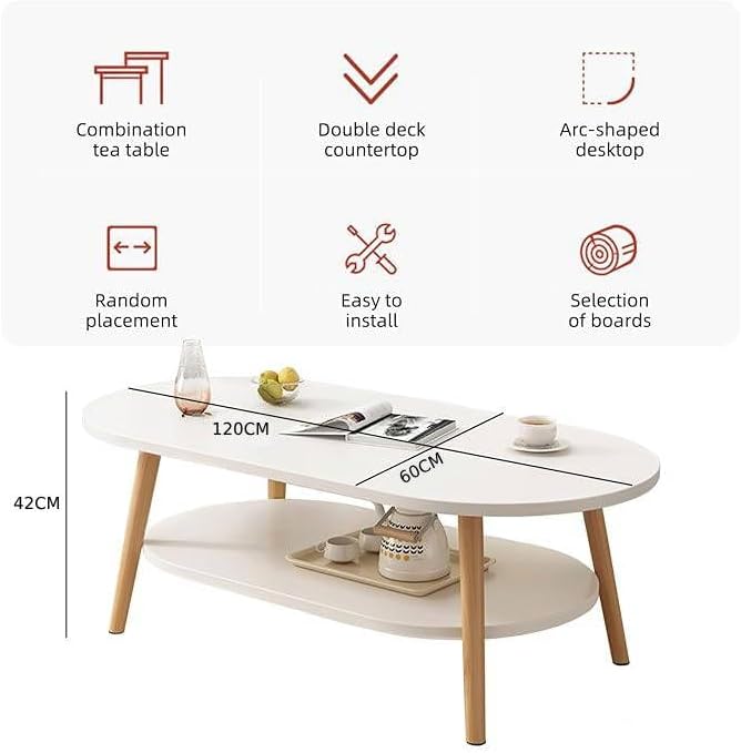 Coffee Table, 2-Tier Oval Side Table Large Coffee Table for Living Room, for Living Room Bedroom Balcony 120x60cm - COOLBABY