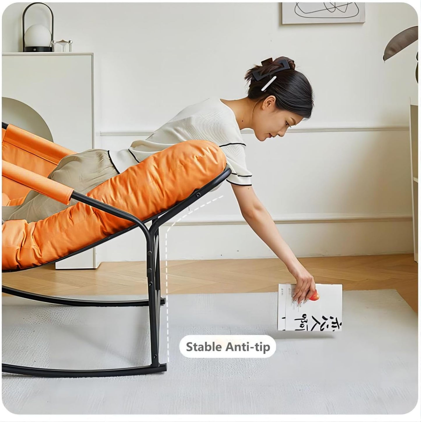 COOLBABY Upholstered High-Back Reclining Rocking Chair with Side Pockets – Modern Style Indoor/Outdoor Chair for Balcony, Living Room, Bedroom & Garden (Orange) - COOLBABY