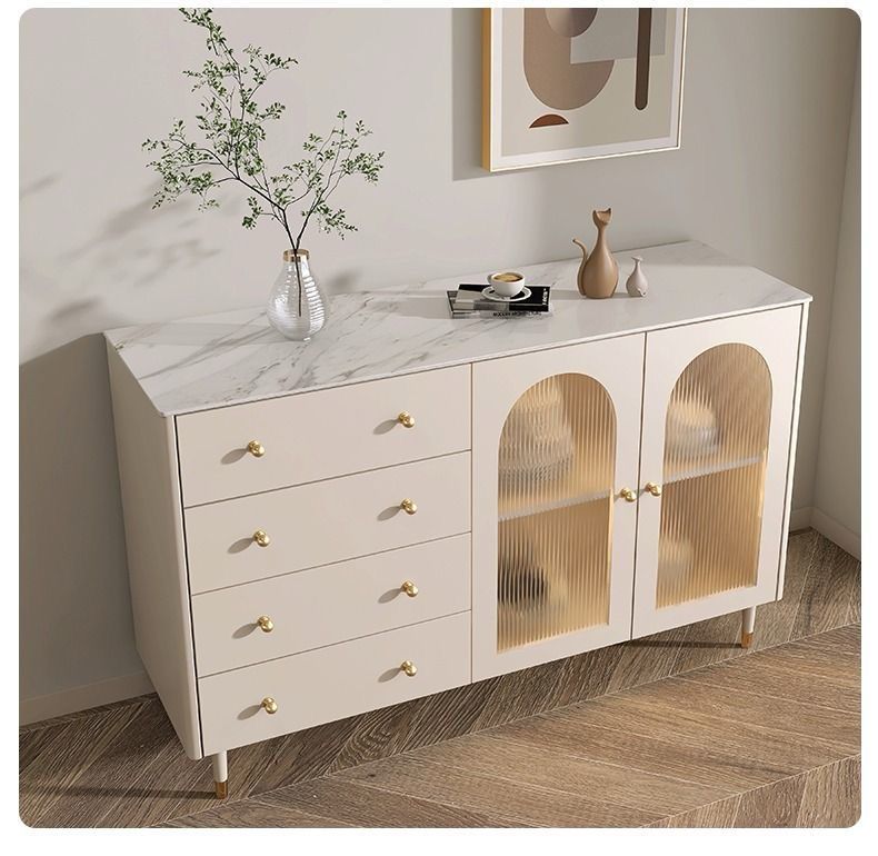 White Wood Buffet Sideboard with Glass Doors and Adjustable Shelves 140cm - COOLBABY