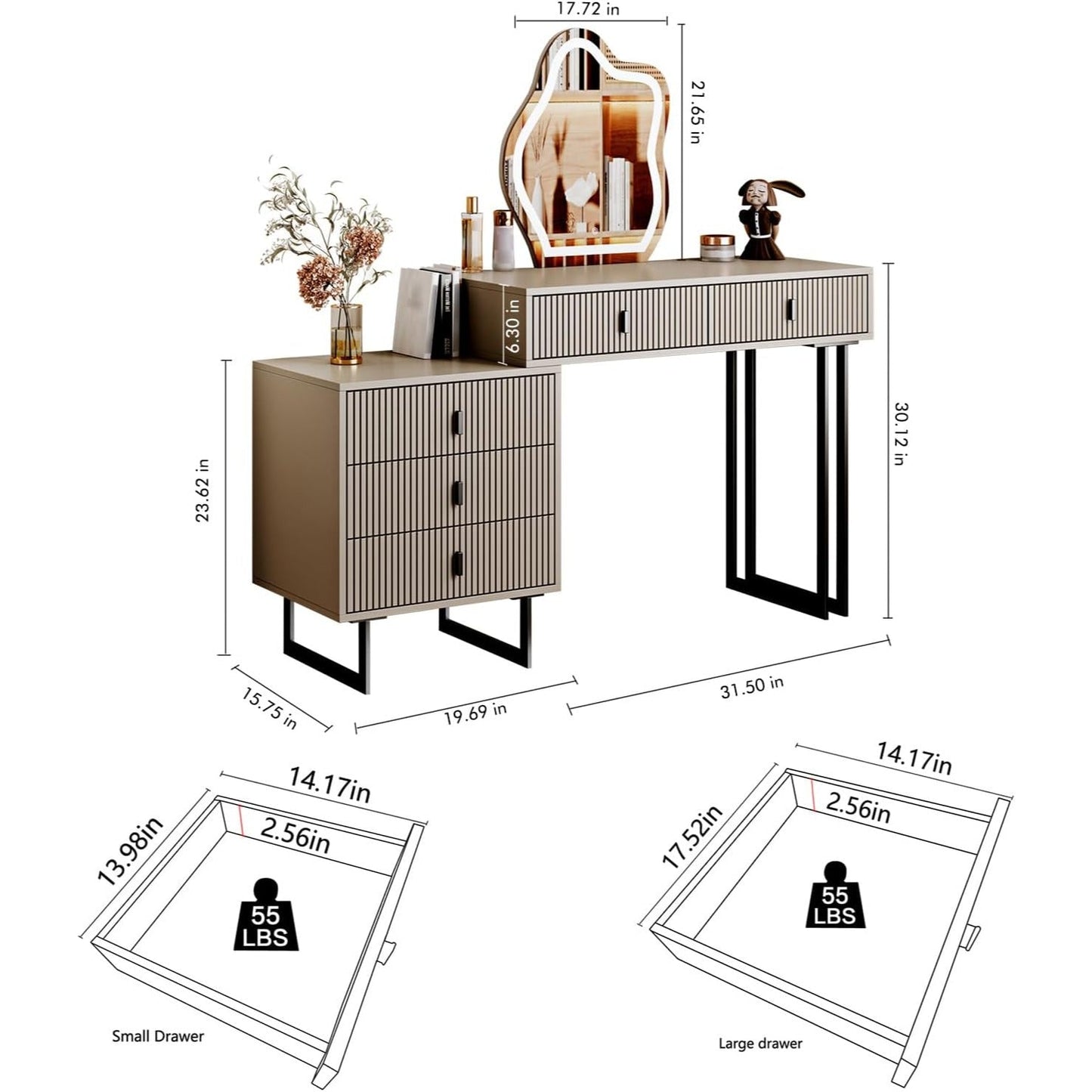 Modern Beige Vanity Desk with Wavy LED Mirror, Drawers, and Storage - Perfect for Makeup, Study, and Consoles - COOLBABY