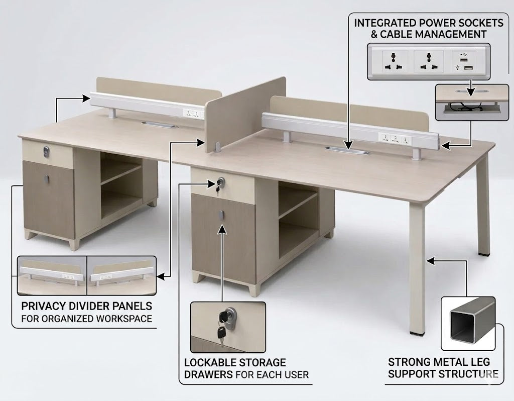 Office Workstation Desk for 4 Persons 240×120 cm – Modern Team Workstation with Storage & Power Modules