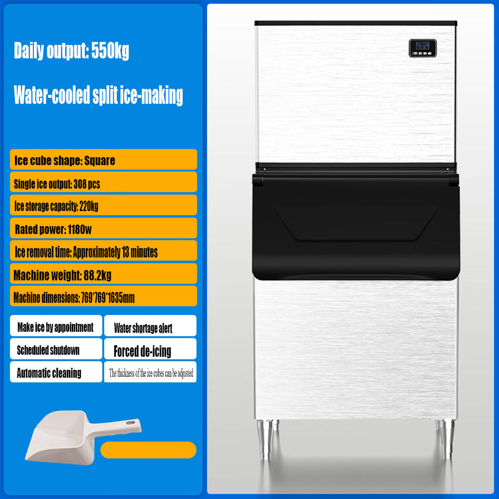 Commercial Ice Maker Machine, 550kg Daily Output, Water-Cooled Split, 220kg Storage Capacity, Square Cube, Automatic Cleaning