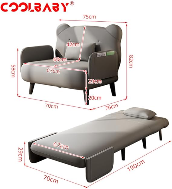 COOLBABY Sofa Bed Tri-fold Sofa Bed with Adjustable Backrest and Pillows, Lounge Chair for Outdoor, Indoor, Home and Office, Comfortable Sleeper (Gray)