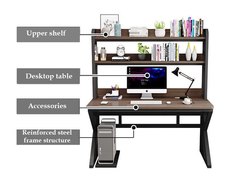 Executive Industrial Computer Desk, Gaming Desk Metal and Wood, Home or Office Desk, with Storage Shelves - COOLBABY