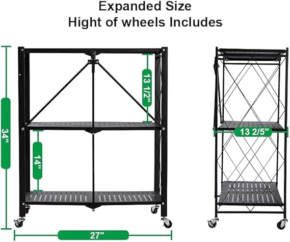 Foldable Storage Shelves with Wheels, Black Metal Wire Rack, Easy Moving Shelf, Storage Organizer for Kitchen, Bathroom, Garage, Outdoor (3 Tier) - COOLBABY