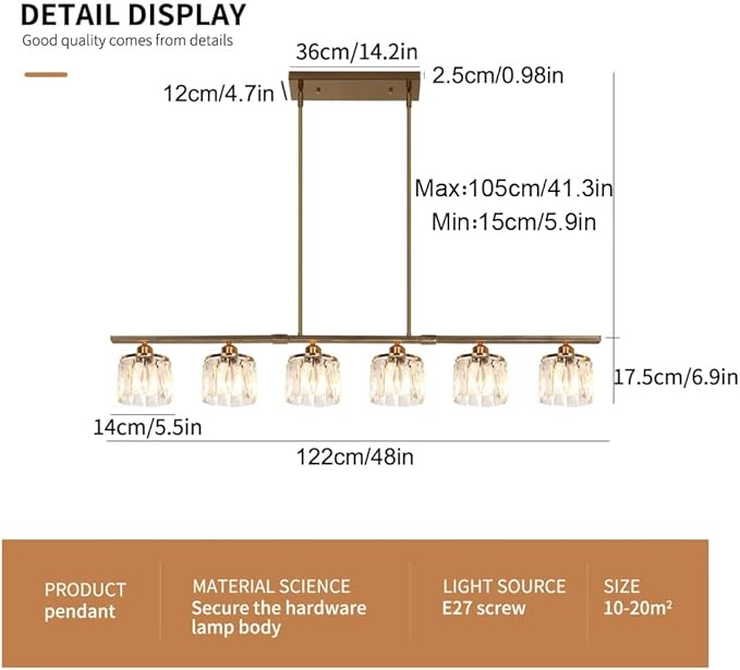 Modern Gold Crystal Island Chandelier: 6-Light Adjustable Linear Pendant for Dining, Kitchen, Bedroom - COOLBABY