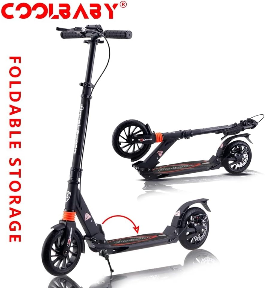 COOLBABY Adult Foldable Scooter 200MM Big Wheels Adult Kick Scooter, with Disc Brakes, with Double Shock Absorption System, Up To 150kg - COOLBABY