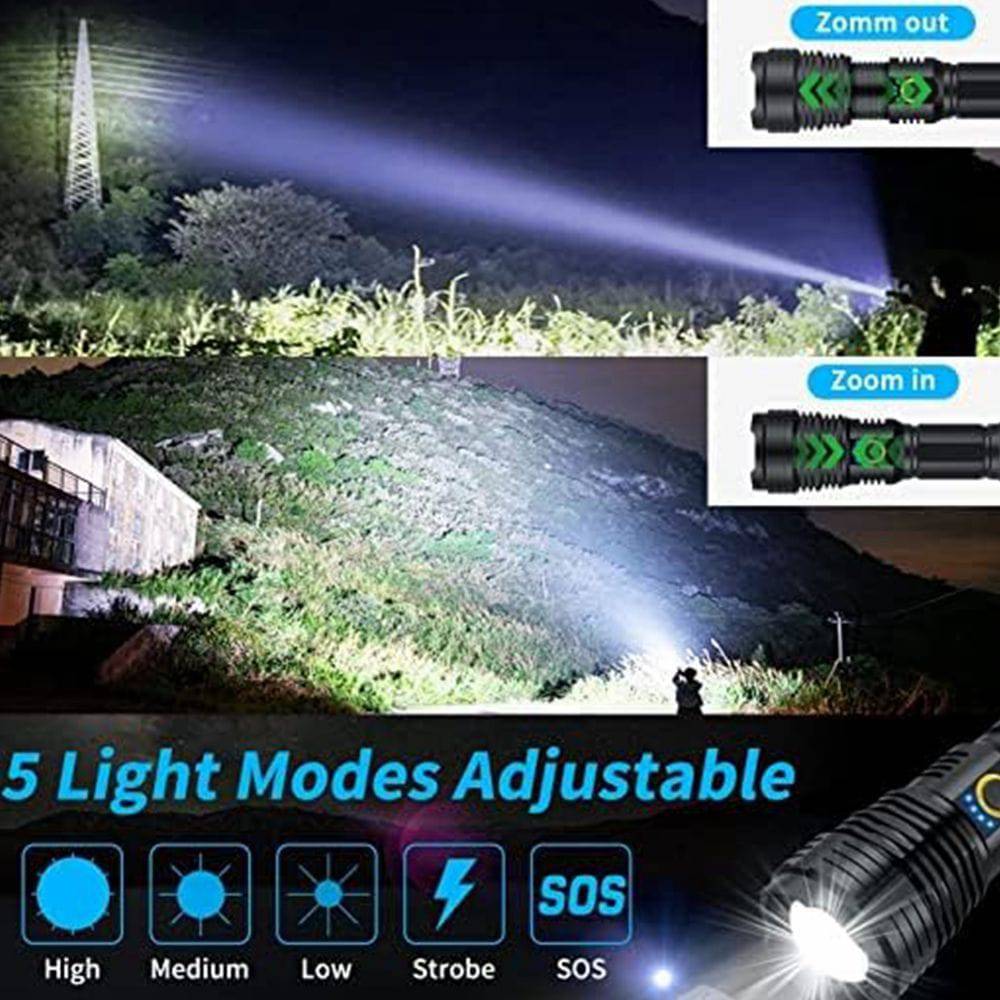 COOLBABY SSZ019 Rechargeable LED Flashlight 90000 High Lumens Super Bright Tactical Flashlight With 5 Light Modes And 26650 Batteries Zoom Waterproof Flashlight - COOL BABY