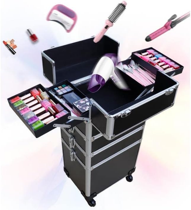 Make Up Trolley Bag, 4-1 Makeup Rolling Train Case, Professional Cosmetics Trolley Case Hard Travel Suitcase Cart with 4 Wheels, 4-Layer