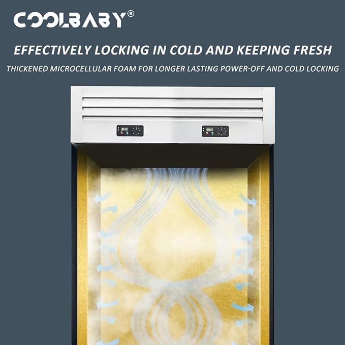 COOLBABY Upright Freezer, 1400L Total Capacity, 6 Doors Double Temperature (Top Cooling & Bottom Freezer) Rectangular Deep Freezer, Wheels, 180 x 70 x 193cm Stainless Steel - COOLBABY