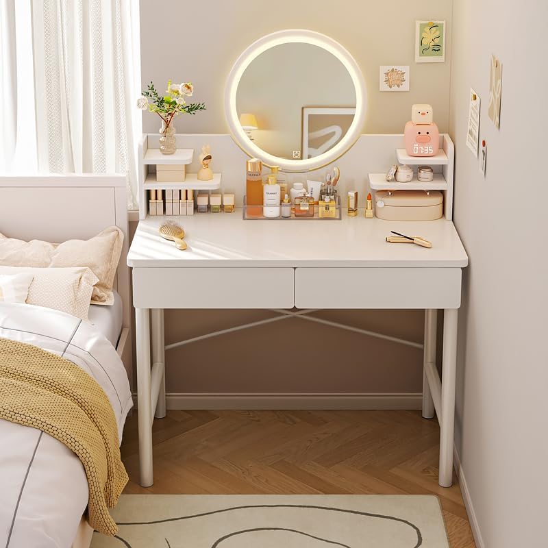 COOLBABY Vanity Desk with Mirror & Lights, Vanity Table with Storage Shelves, Dressing Table for Bedroom,Gifts for Girls and Women