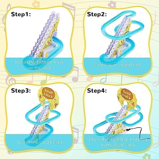 Small Duck Slide Toy,Electric Duck Climbing Stairs Tracks Slide Toy Set,Duck Roller Coaster Toy with Flashing Lights & Music On/Off Button