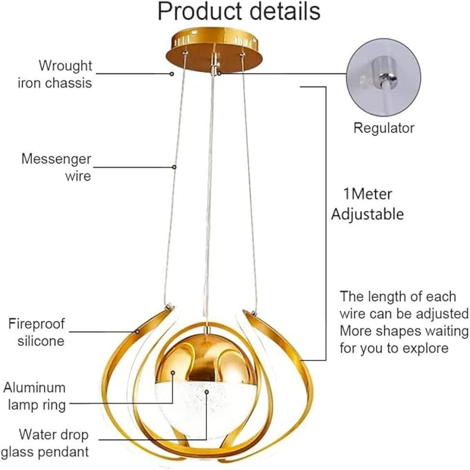 Modern 3-Color LED Gold Chandelier: Adjustable Height Pendant Light for Dining, Living, Kitchen - COOLBABY