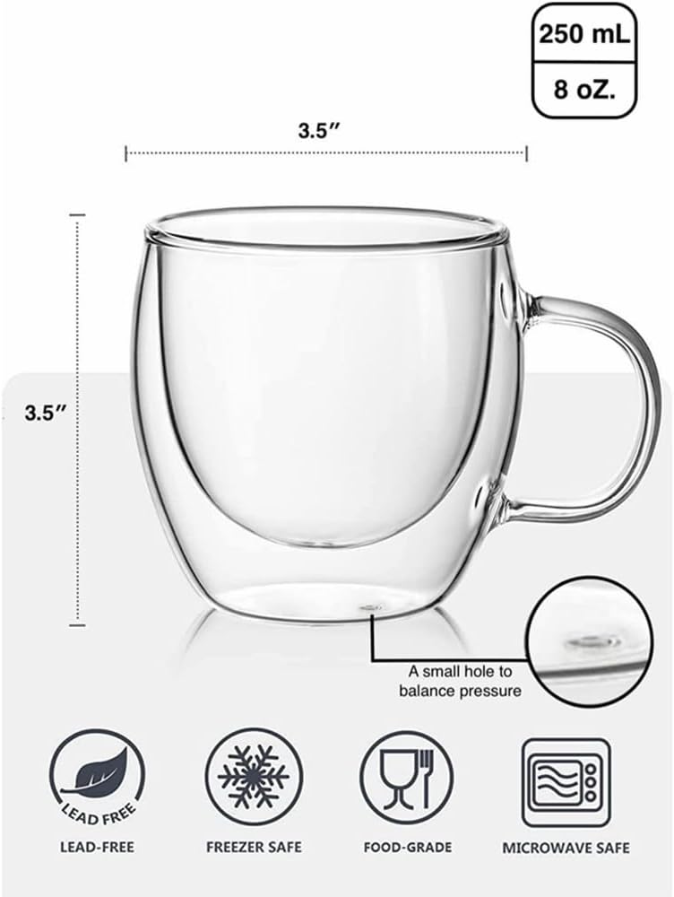 COOLBABY Espresso Cup Shot Glass Coffee Set of 2 - Double Wall Insulated Glass Tumbler With Handle Everyday Coffee Cup Ideal For Espresso And Coffee Machines 250ML - COOLBABY