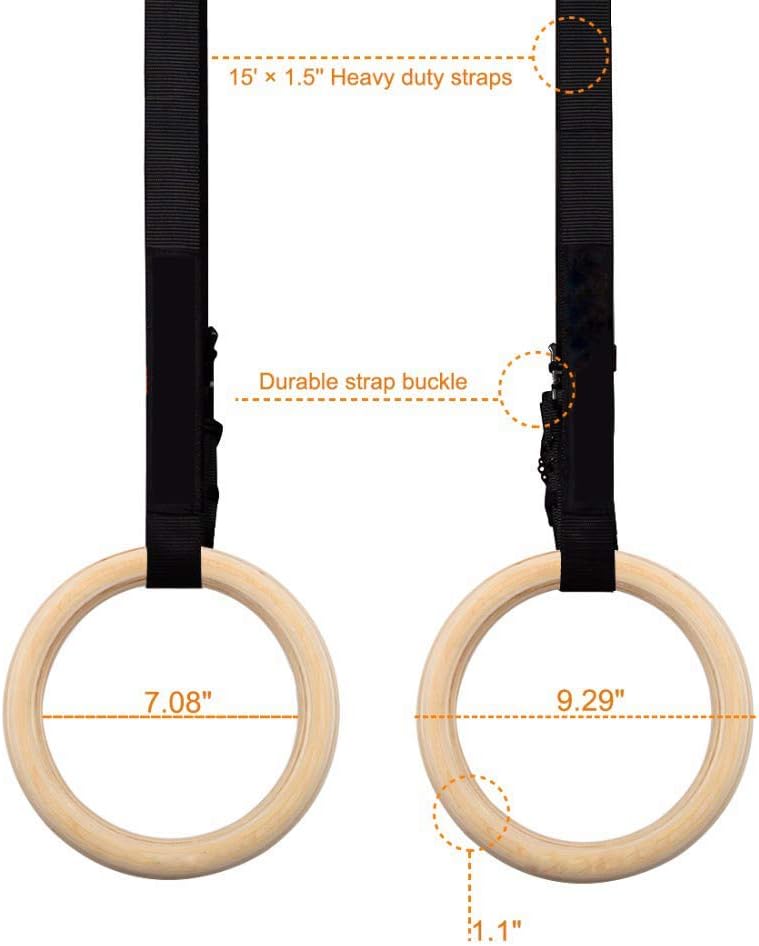 COOLBABY SEJSH Gym Rings, Wood Gymnastic Rings with Adjustable Straps, Heavy Duty Gym Equipment (Set of 2) - COOL BABY