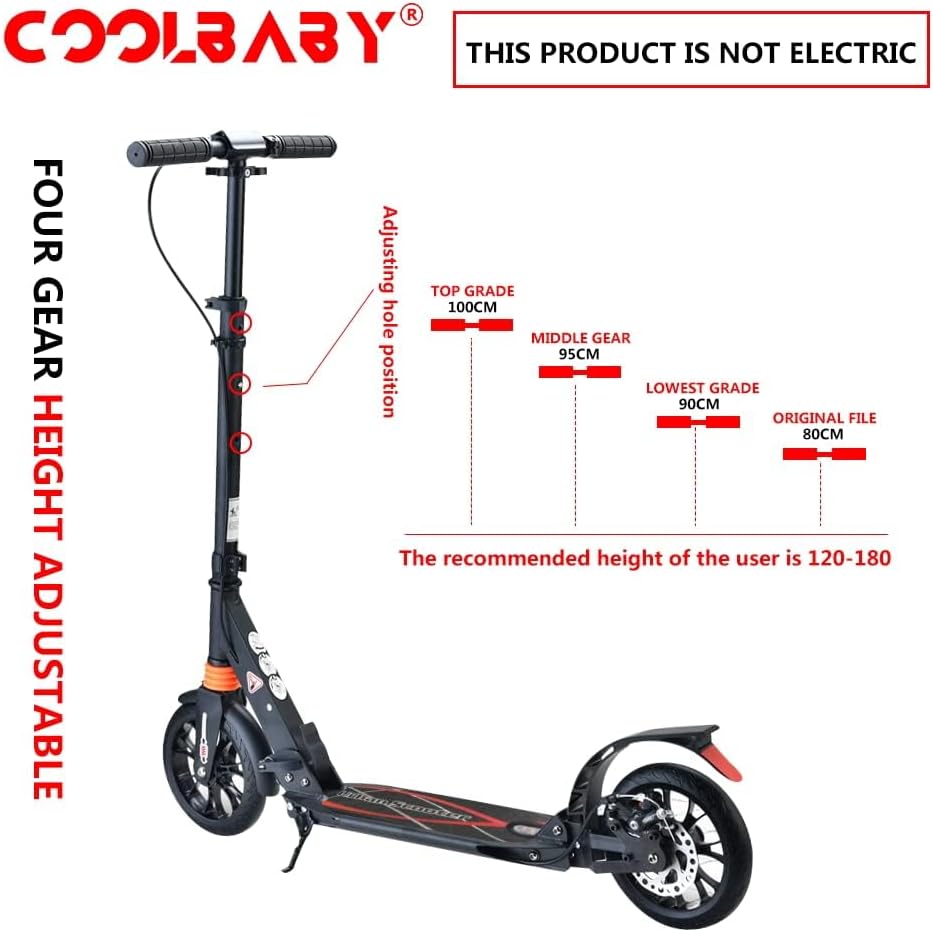 COOLBABY Adult Foldable Scooter 200MM Big Wheels Adult Kick Scooter, with Disc Brakes, with Double Shock Absorption System, Up To 150kg - COOLBABY