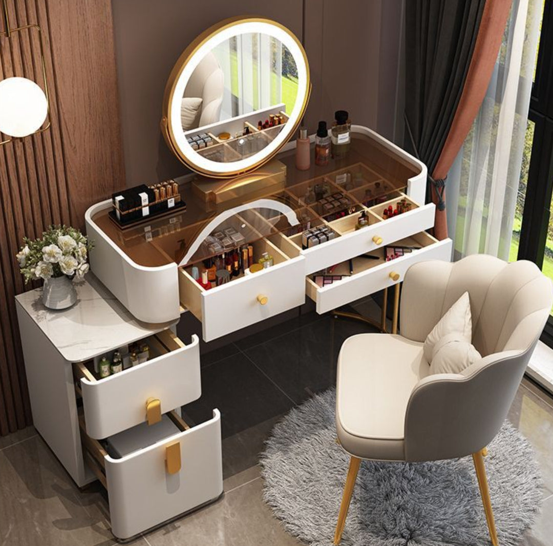 Modern Solid Wood Makeup Vanity Table Set with Smart Mirror and LED Lighting