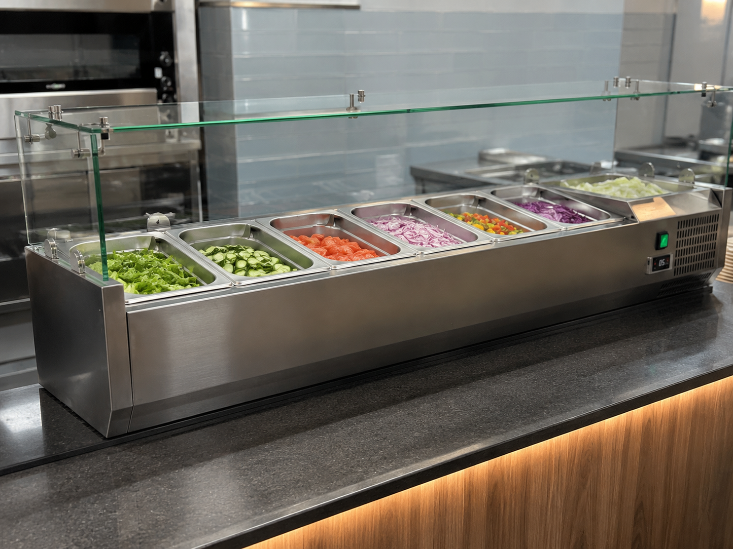 Refrigerated Salad Bar 6 GN Containers – Glass Top Prep Counter | Italian Technology
