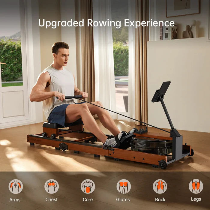 WR3L Water Rowing Machine | Foldable Wooden Rower with 5 Resistance Levels & LCD Display