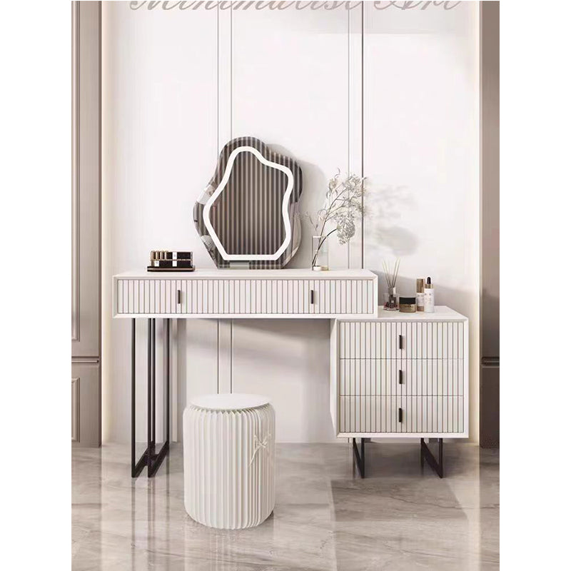 Modern White Vanity Desk with Wavy LED Mirror,Drawers, and Storage - Perfect for Makeup, Study, andConsoles