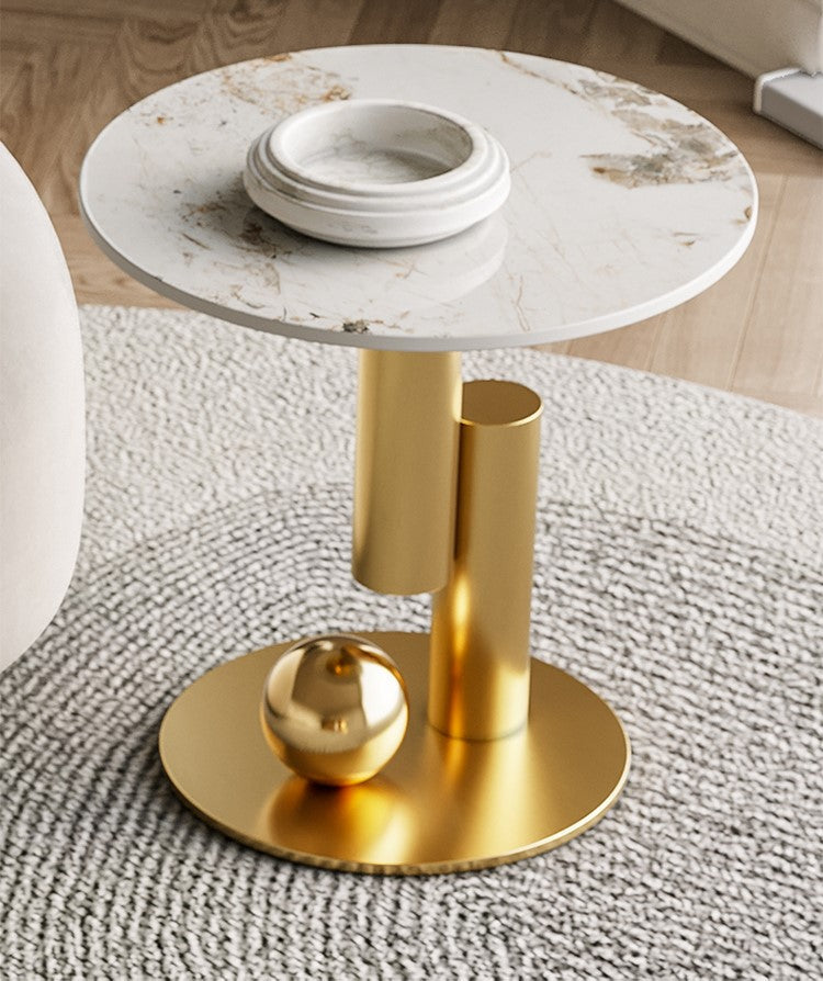 Living room Coffee Table Round Oval Slate Marble-Patterned Center Tables, Stainless Steel Gold Bases (GOLD) - COOLBABY